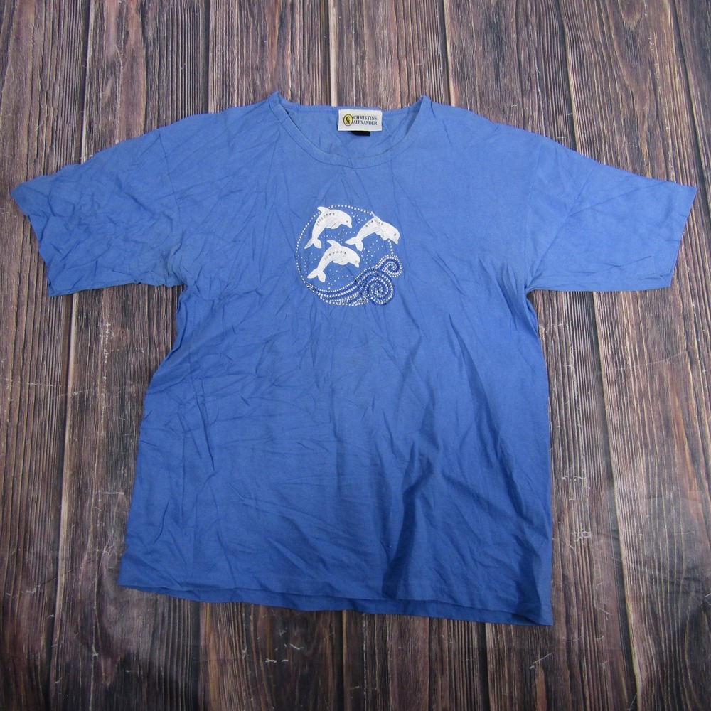 Vintage Christine Alexander Shirt Womens Large Blue Dolphins Rhinestone‎ USA 90s